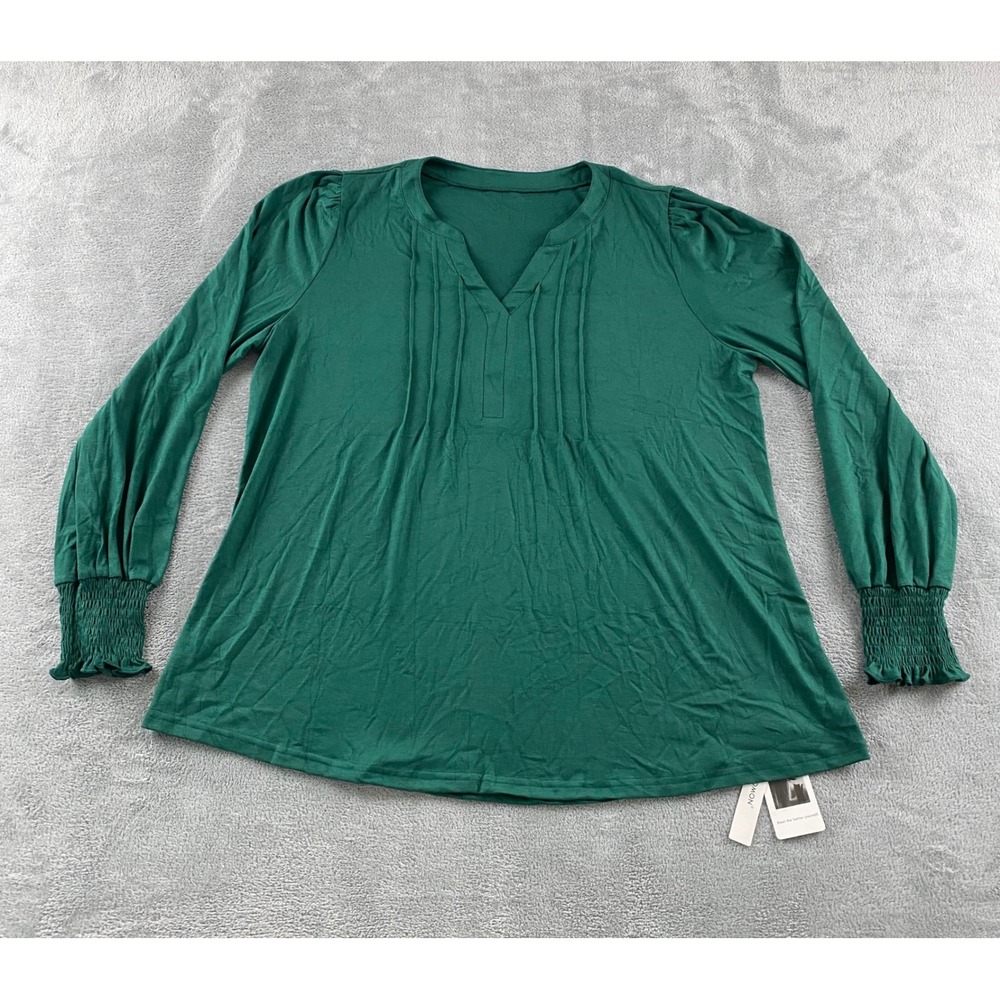 LOMON Women Green Pintuck Pleat Split V-Neck Smocked Cuff Blouse Top‎ XL NEW